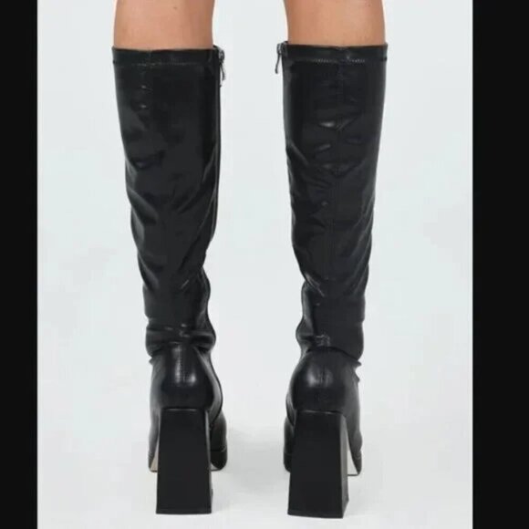 Princess Polly Zayas Black Faux Leather Knee High Heeled Boots 7 - Picture 3 of 10